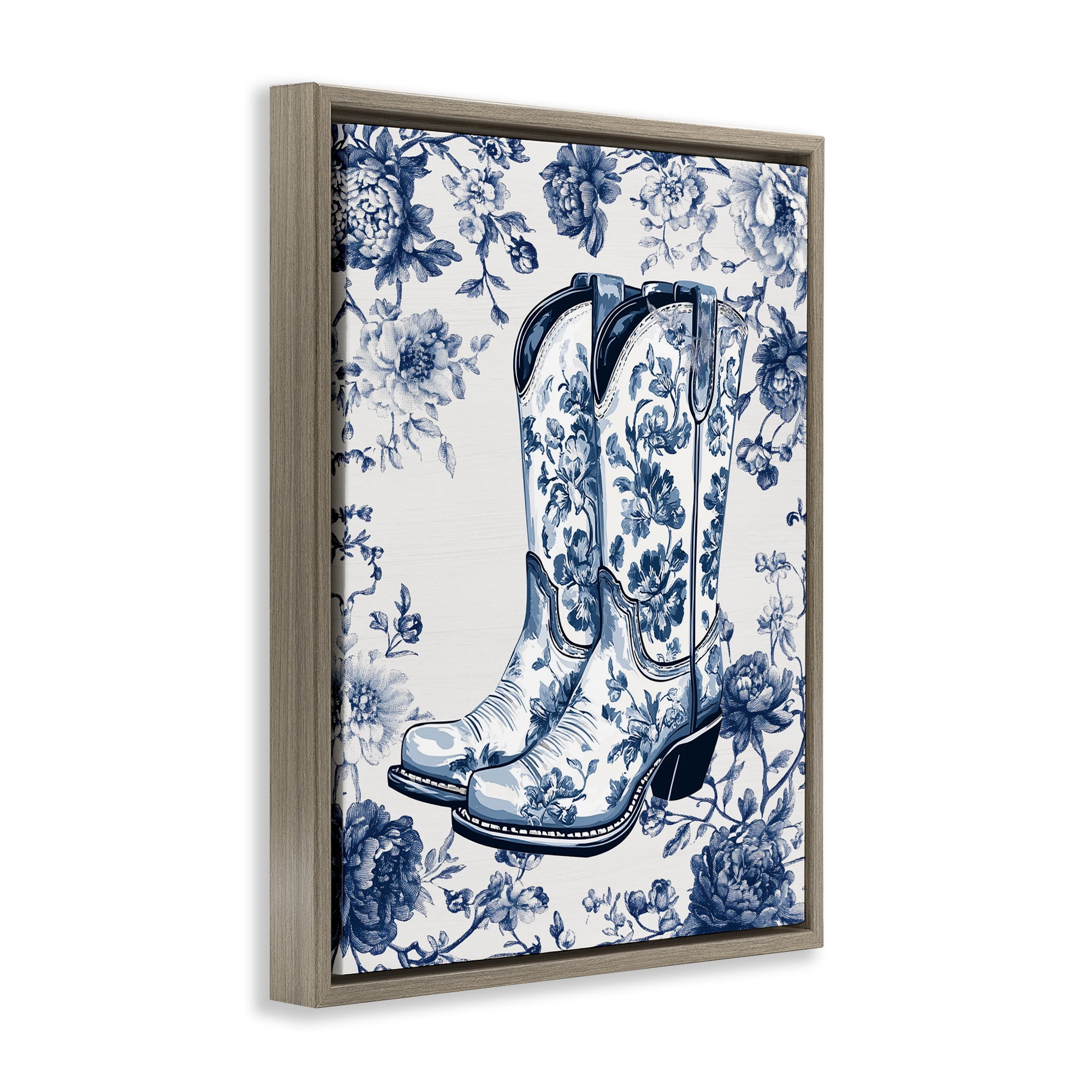Blue Spring Florals & Boots Brown Framed Floater Canvas Wall Art, design by Lettered and Lined