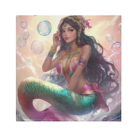 Satin Polyester Napkins - 20x20 InchSingle-Sided Printed Napkins, 1-Piece/4-Piece/6-Piece Set, DIY Personalized Table Setting，Beautiful Mermaid