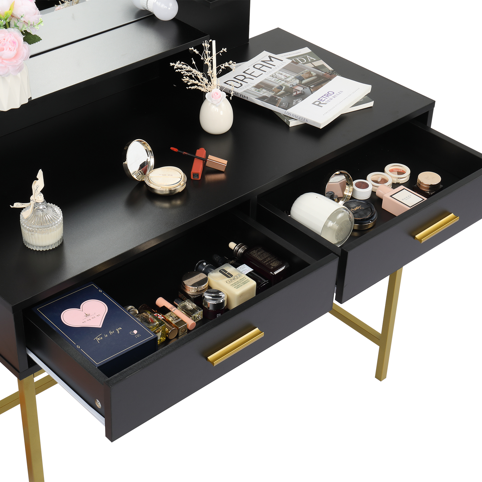 Large Vanity Set with 10 LED Bulbs, Makeup Table with Cushioned Stool, 3 Storage Shelves 2 Drawers, Dressing Table Dresser Desk for Women, Girls, Bedroom, Black