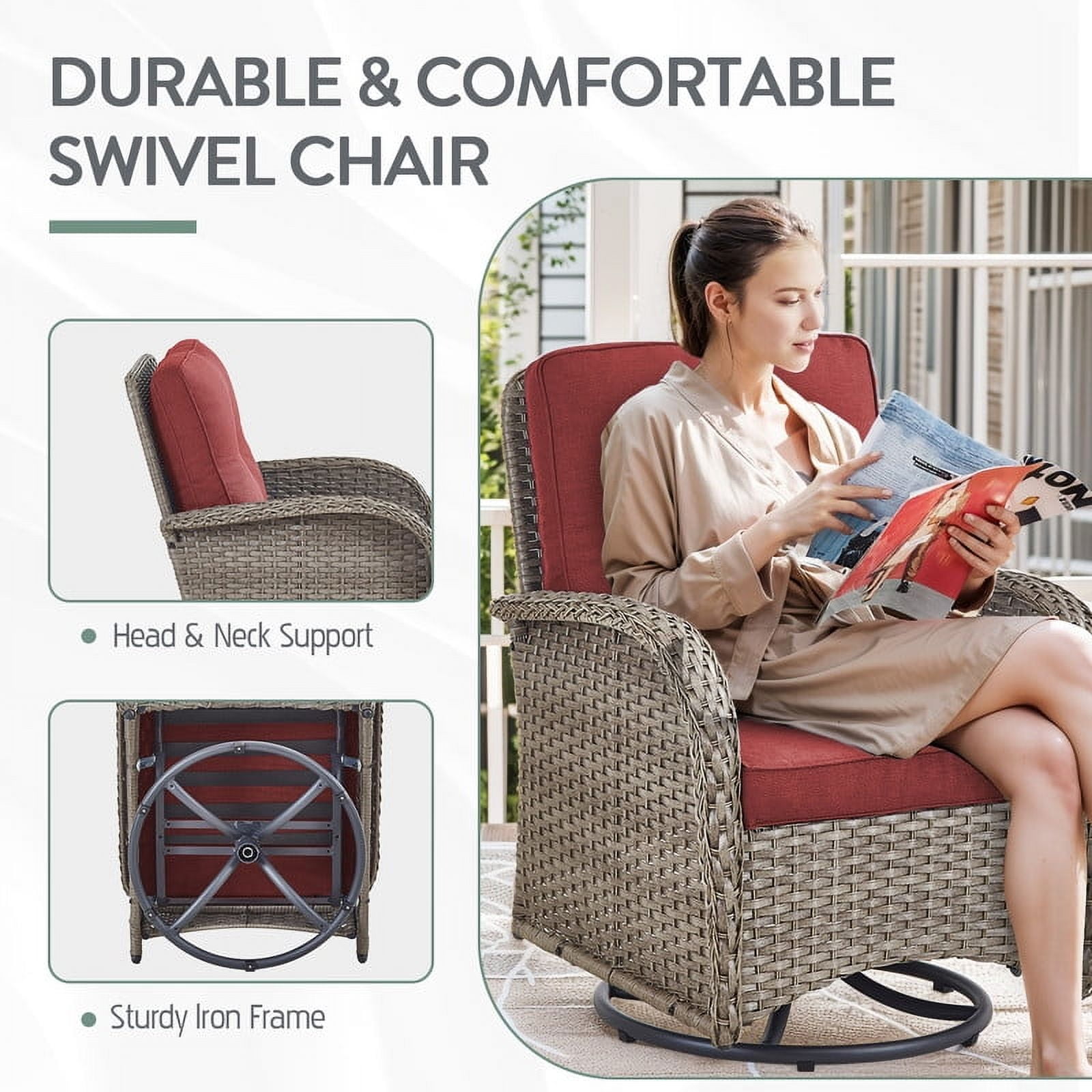 PARKWELL 6-Piece Outdoor Patio Conversation Set,Wicker 7-Seat High Back Furniture with Sofa, Swivel Gliders and Ottomans,Gray Wicker Red Cushions
