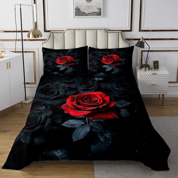 Erosebridal Red Black Rose Bedspread Twin Size Rose Floral Flower Quilted Coverlet Garden Flower Coverlet Set Romantic Valentine's Day Quilted Room Decor
