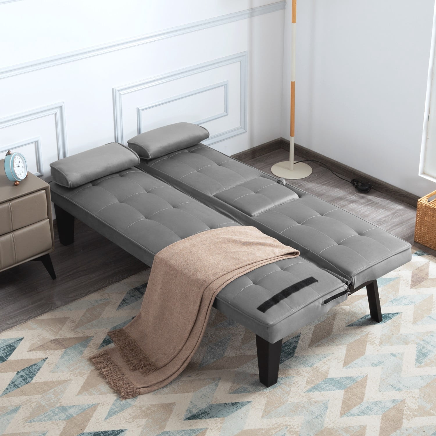 Gewnee Futon Sofa Bed Modern Sofa Couch Convertible Sofa Sleeper for Living Room with 2 Cup Holders, Removable Armrests (Gray)