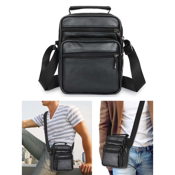 LAVA Small Leather Sling Shoulder Bag Black Crossbody Purse Messenger Pack for Men Women