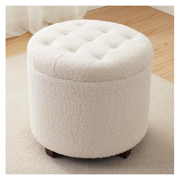 Decor Round Ottoman with Storage, Round Vanity Chair Stool Ottoman Pouf with Storage for Living Room and Bedroom, Boucle White