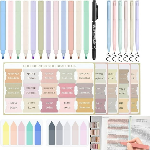 25 pcs Bible Journaling Kit - Bible Study Supplies with 12 Highlighters, 6 Pens, 75 Laminated Tabs & Sticky Notes for Women & Men