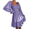 thumbnail image 2 of Antinious Women Formal Wedding Guest Dress Long Sleeve Neck Solid Flared Ruffled A Line Knee Lengt Dress,Birthday Dresses for Women,Women Party Dress,Purple,L, 2 of 5