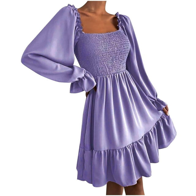 QIPOPIQ Robe Mini Décontractée 2024 pour Femme à Manches Longues, Col Carré Smocké, Taille Élastique, Fluide, à Volants, Liquidation