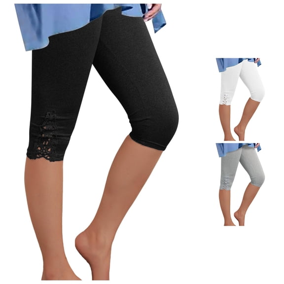 XIAONU Solid Capri Leggings for Women Lace Stretch Fit Bottoms