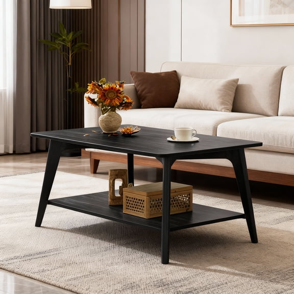 LEDREM 2-Tier Coffee Table with Storage, Mid-Century Modern Center Table with Tapered Legs, 39.4 Inch, Charcoal Gray