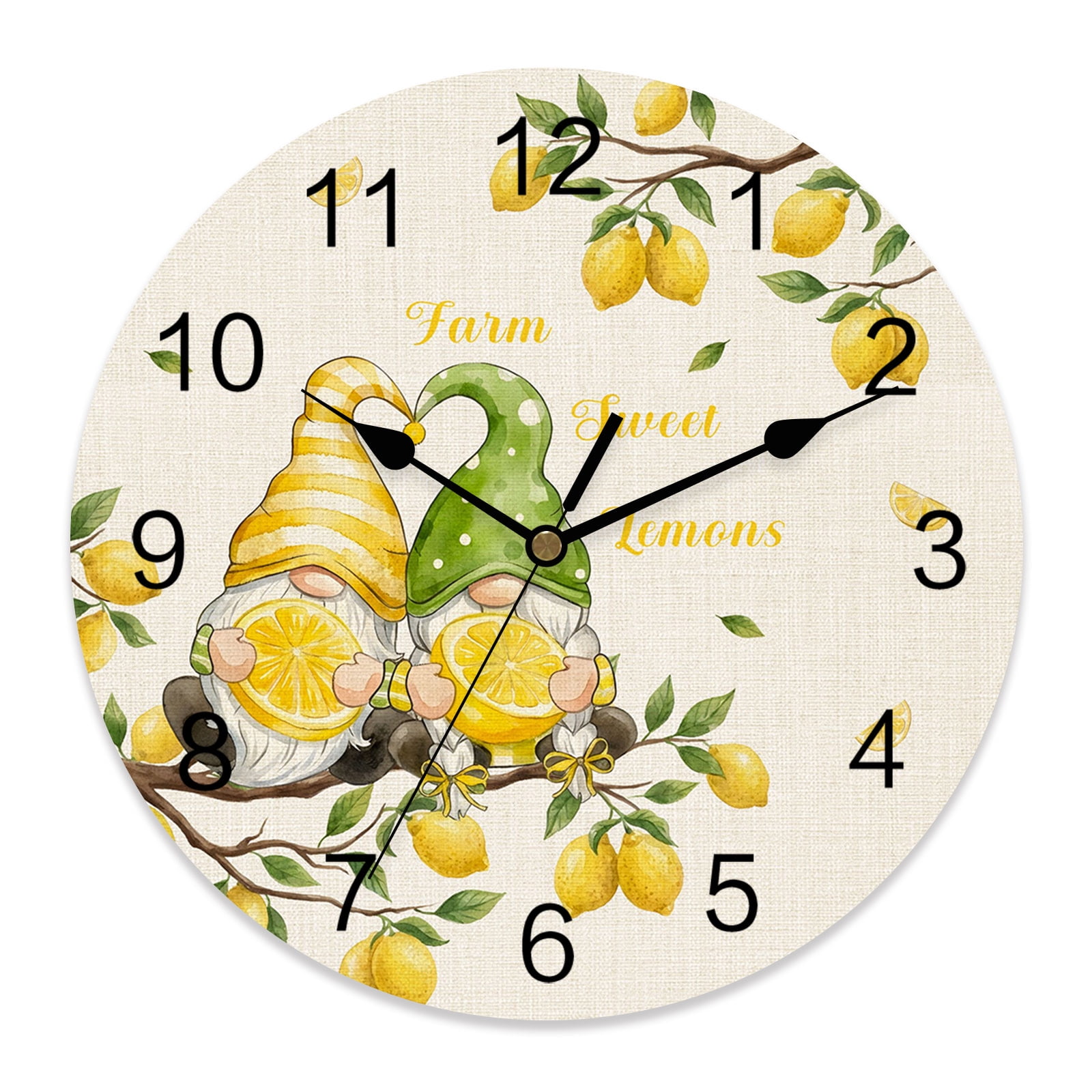 Wall Clock 10 Inch Farmhouse Lemons Round Silent Decorative Wall Clocks Battery Operated for Living Room Bedroom Kitchen Classroom Decor, Summer Fruits Tree Gnomes Beige