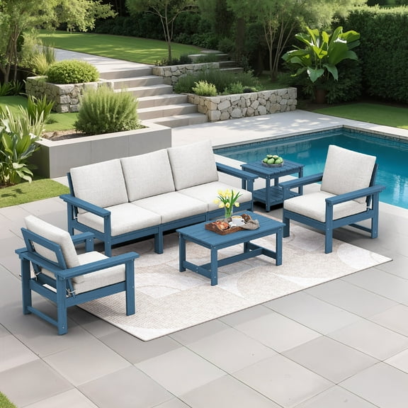 SERWALL Outdoor Patio Furniture Set, 7-Piece HDPE Outdoor Sofa Set Patio Conversation Set, Blue Frame with Beige Cushions