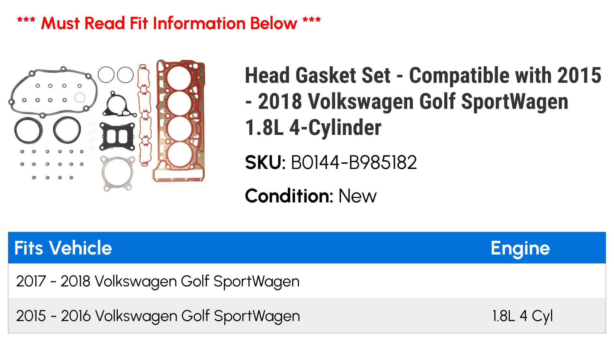 Head Gasket Set - Compatible with 2015 - 2018 Volkswagen Golf SportWagen 1.8L 4-Cylinder 2016 2017