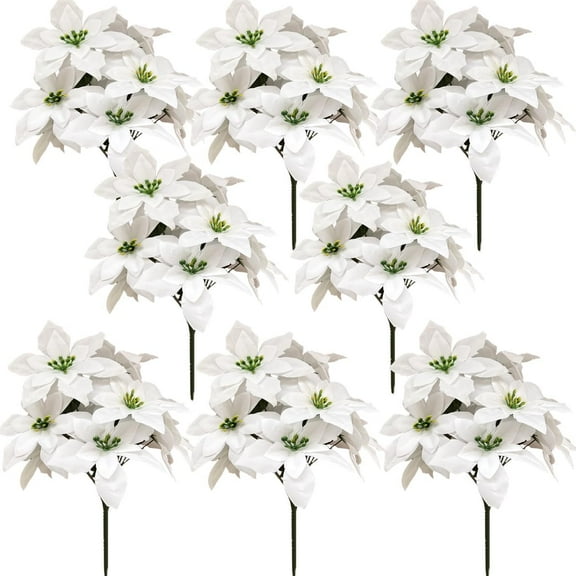 Zhuge 8 Pack 7 Heads Christmas Artificial Poinsettia Flowers Faux Poinsettia Bush Bouquets Silk Poinsettia Christmas Tree Ornaments Poinsettia Flowers Arrangement for Xmas Holiday Decor(White)