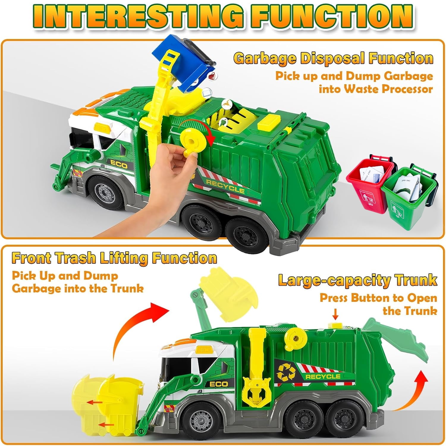 LINXUXIE Large Garbage Truck Toy Set, Kids Trash Truck with Sound, Light & Trash Bins, Birthday Gifts for Kids 3-5 5-8 8-12 Year Old