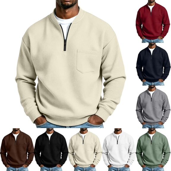 Mens Fashion Sweatshirts Solid Color Stand Up Collar Half Zip Long Sleeve Sweatshirt Base Layer Outerwear Casual Pullover Soft and Comfortable