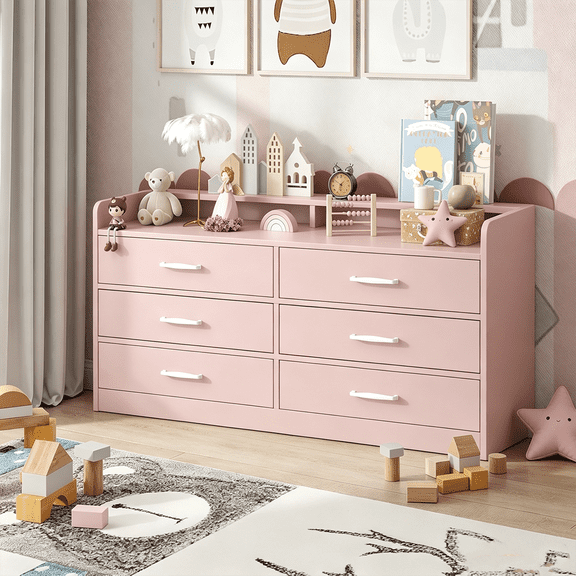 Winkalon 6 Drawer Dresser for Bedroom,Chest of Drawers with Metal handles,Dresser for Closet,Kids,Pink