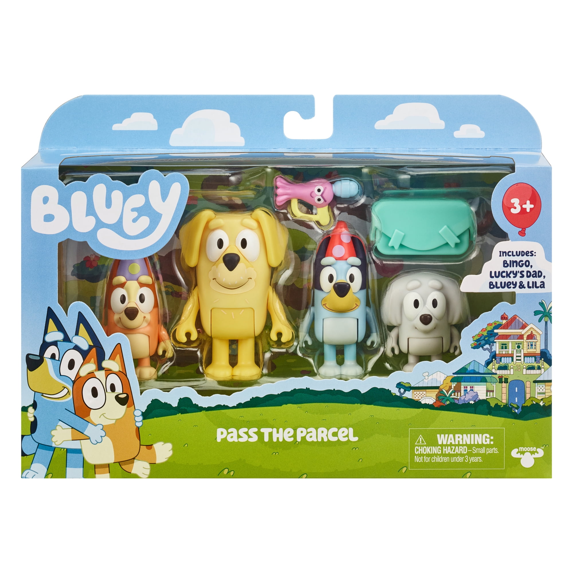 Bluey Pass the Parcel Includes Bluey, Bingo, Lucky's Dad and Lila 2.5-3 inch 4 Pack Figure, Ages 3+