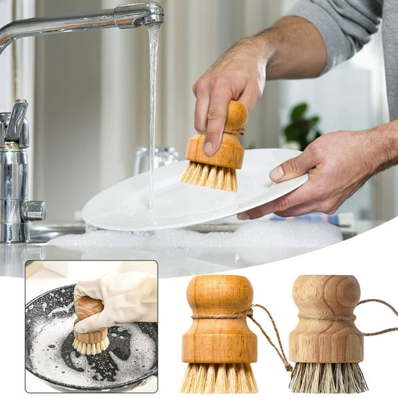 Dish Scrub Brushes, Bamboo Dish Brush, Kitchen Dish Scrubber Brush with Soap Dispenser, Kitchen Wooden Cleaning Scrubbers Set for Washing Cast Iron Pan/Pot, Natural Sisal Bristles
