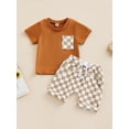 thumbnail image 3 of Toddler Baby 2Pcs Summer Outfits, Short Sleeve Pocket T-Shirt + Checkerboard Shorts Set, 3 of 10