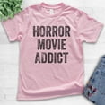 thumbnail image 2 of Kids Horror Movie Addict T-shirt, Youth Kids Boy Girl T-Shirt, Halloween T-shirt, Horror Movie T-shirt, Light Pink, Small, 2 of 4