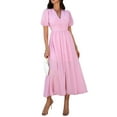 thumbnail image 2 of Women Summer Casual Midi Dress Puff Sleeve V Neck Ruched Button Front Split Boho Beach Vacation Wedding Dresses 2025 Pink L, 2 of 9