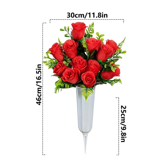 Set of 1 Artificial Cemetery Flowers with Vase,Grave Memorial Flowers,Artificial Rose Bouquet Decoration for Cemetery Headstones Gravesites (Red)