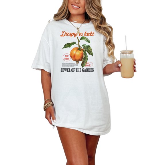 Jewel Of The Garden T-Shirt, Diospyros Kaki T-Shirt, Fresh Organic Fruit T-Shirt, Nature Inspired Graphic Tee, Garden Lover Gift, White Comfort Colors T-Shirt, Small