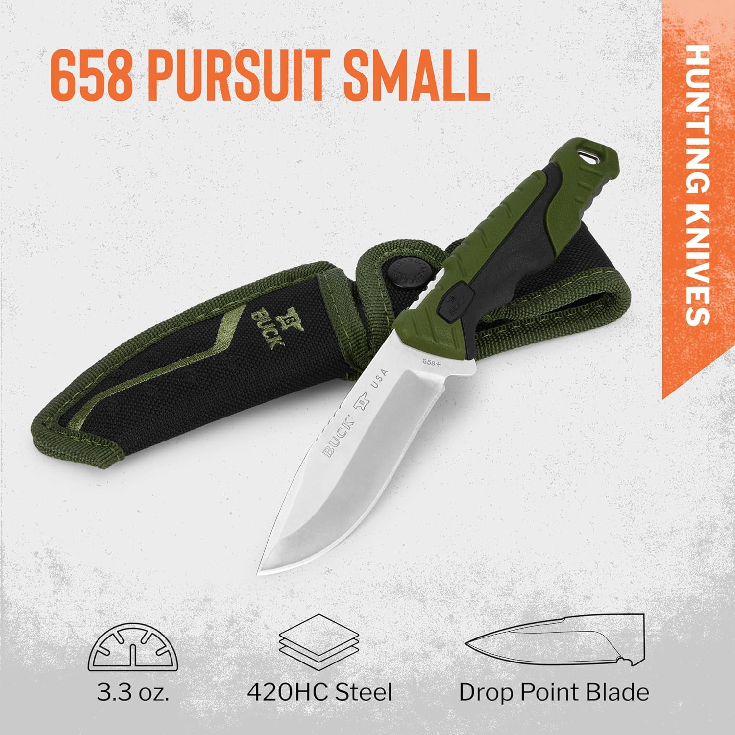 Buck Knives 658 Small Pursuit Hunting Knife, 3-3/4" Fixed Blade, Nylon Handle, Green, 3.3 oz