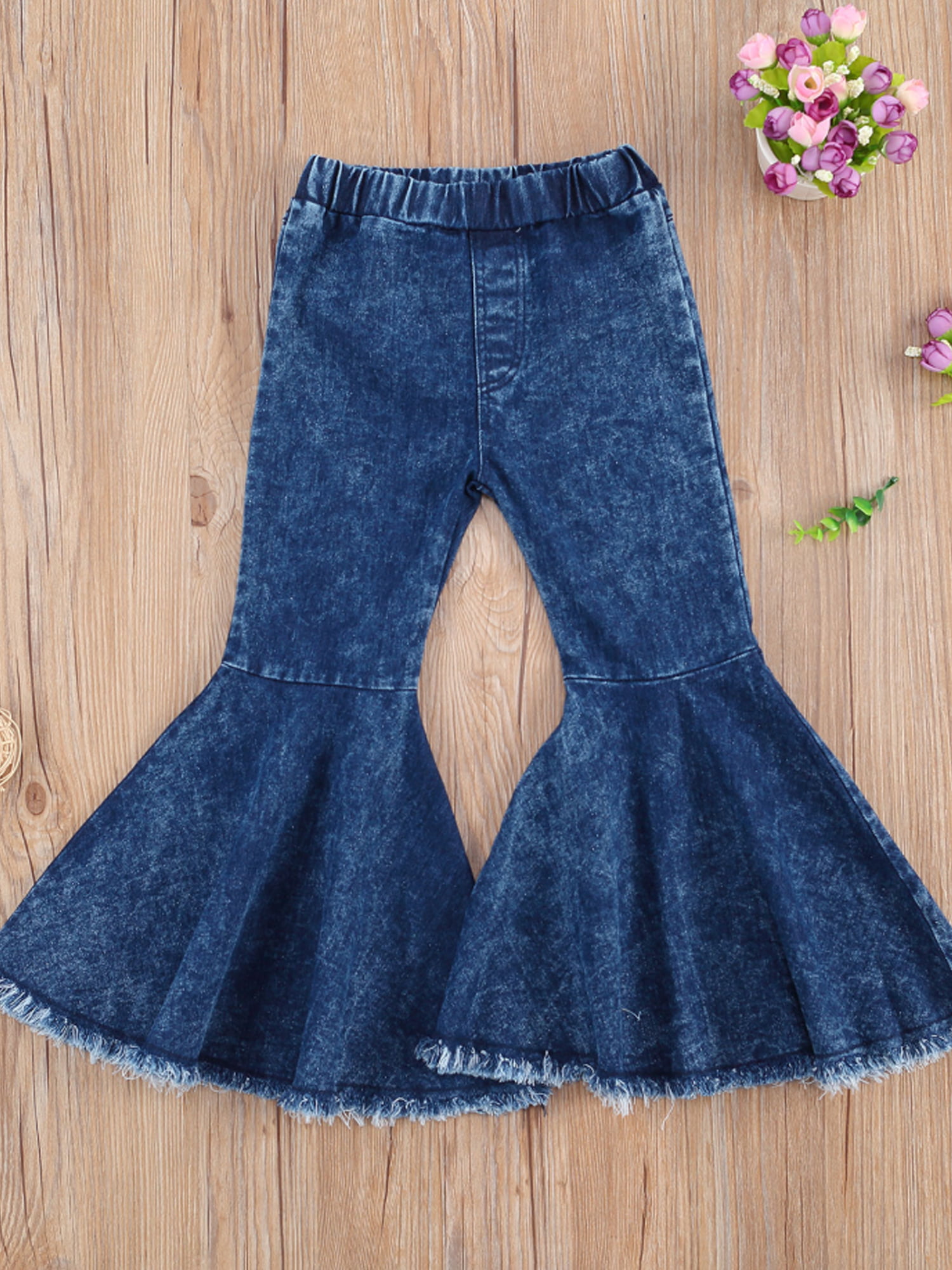 ICECTR Toddler Baby Girls Kid Flared Denim Pants Ruffled Wide Legs Ripped Jeans High Waist Bell Bottoms Casual Outfit 