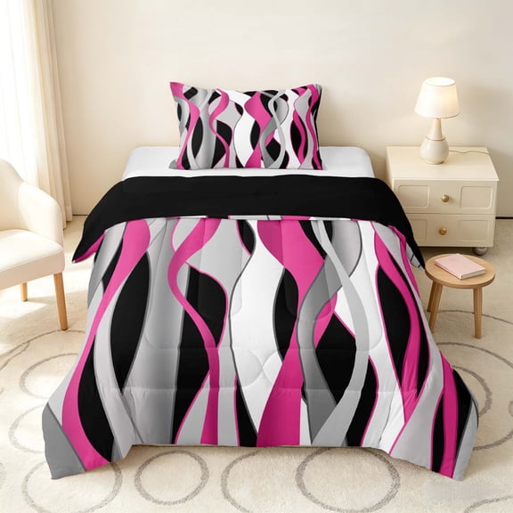 Manfei Abstract Wave Stripe Twin Comforter Sets, Geometric Line Bedding Set, Pink, Black and White, Black Reversible 2 Pieces, 1 Comforter and 1 Pillowcase