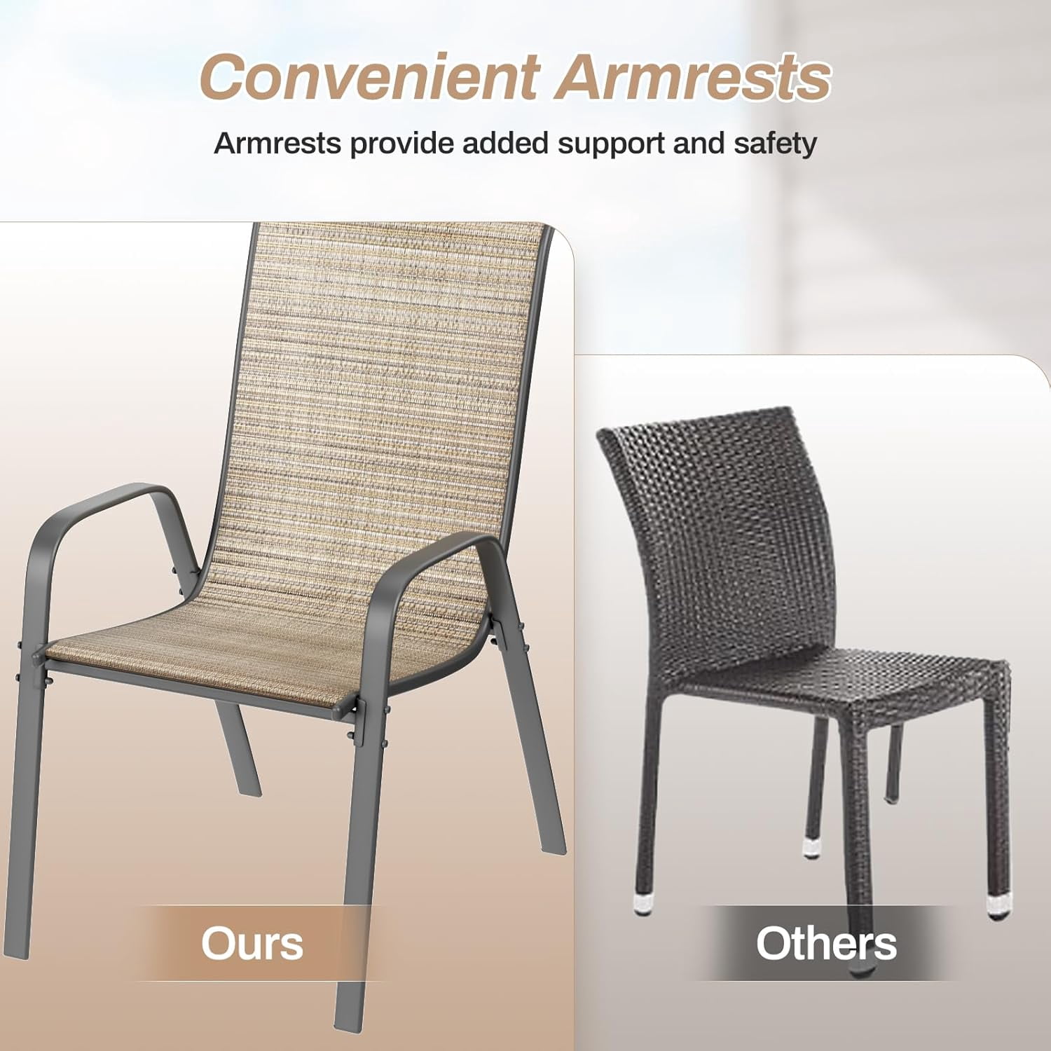 Arlopu 6pcs Patio Dining Chairs for All Weather, Outdoor Stackable Armrest Chair Set for Garden Poolside, Brown