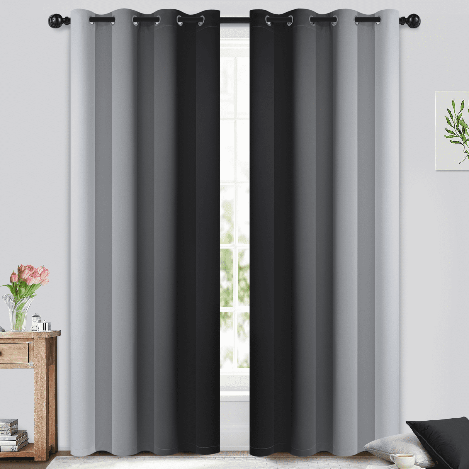 Yakamok Black Curtain for Bedroom/Living Room Blackout,Ombre Curtains Grommet Light Blocking Room Darkening Window Drapes 2 Panels,52x84 inches