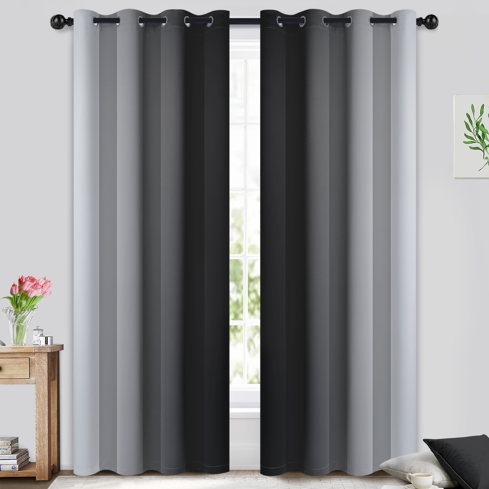 Yakamok Ombre Blackout Curtains 2 Panels, 52x84 inches, Black photo 2