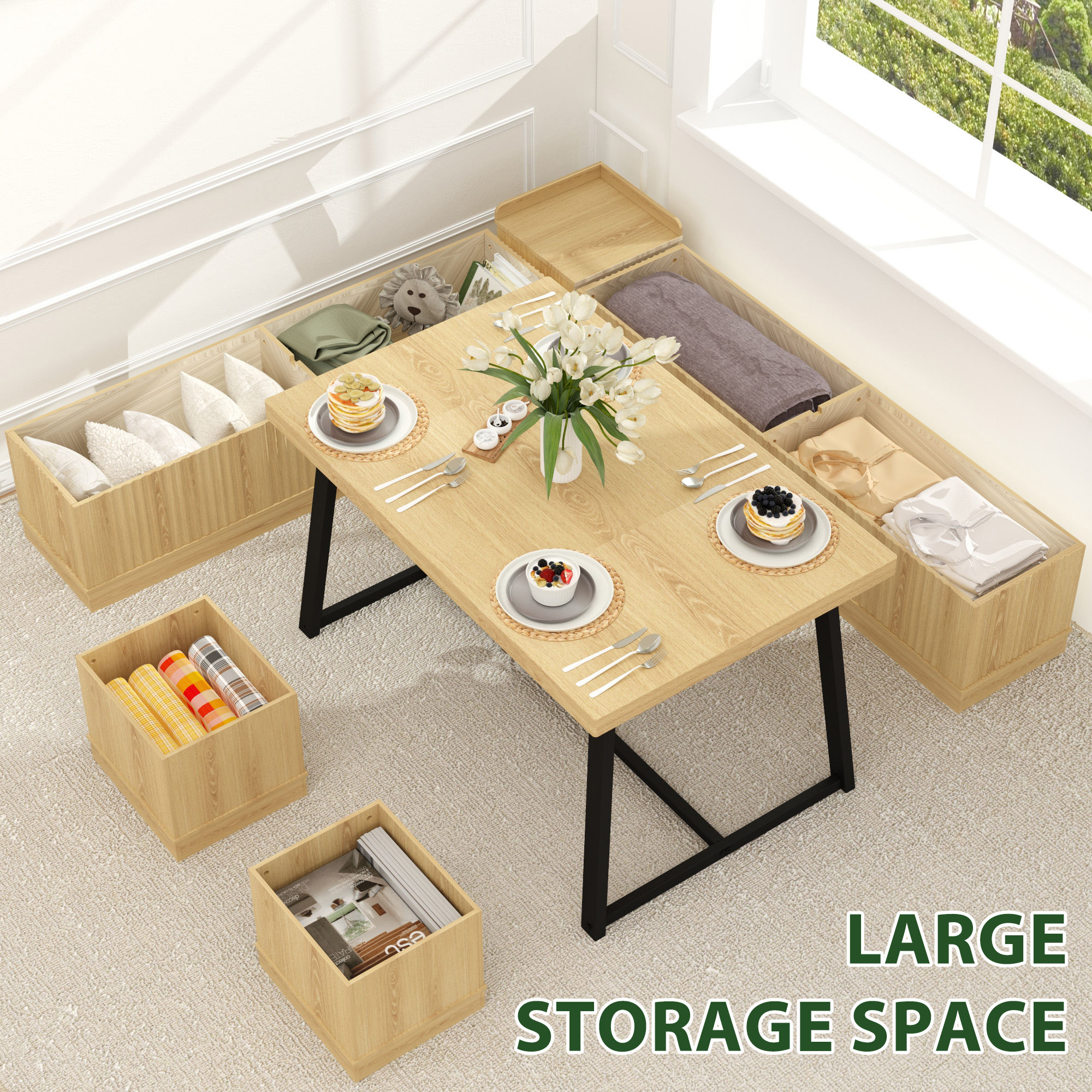 Brafabhome 6 PCS Dining Table Set with Storage Bench, Modern Corner Breakfast Nook with Cushions Stool for 6, Suitable for Kitchen and Dining Room | Nature