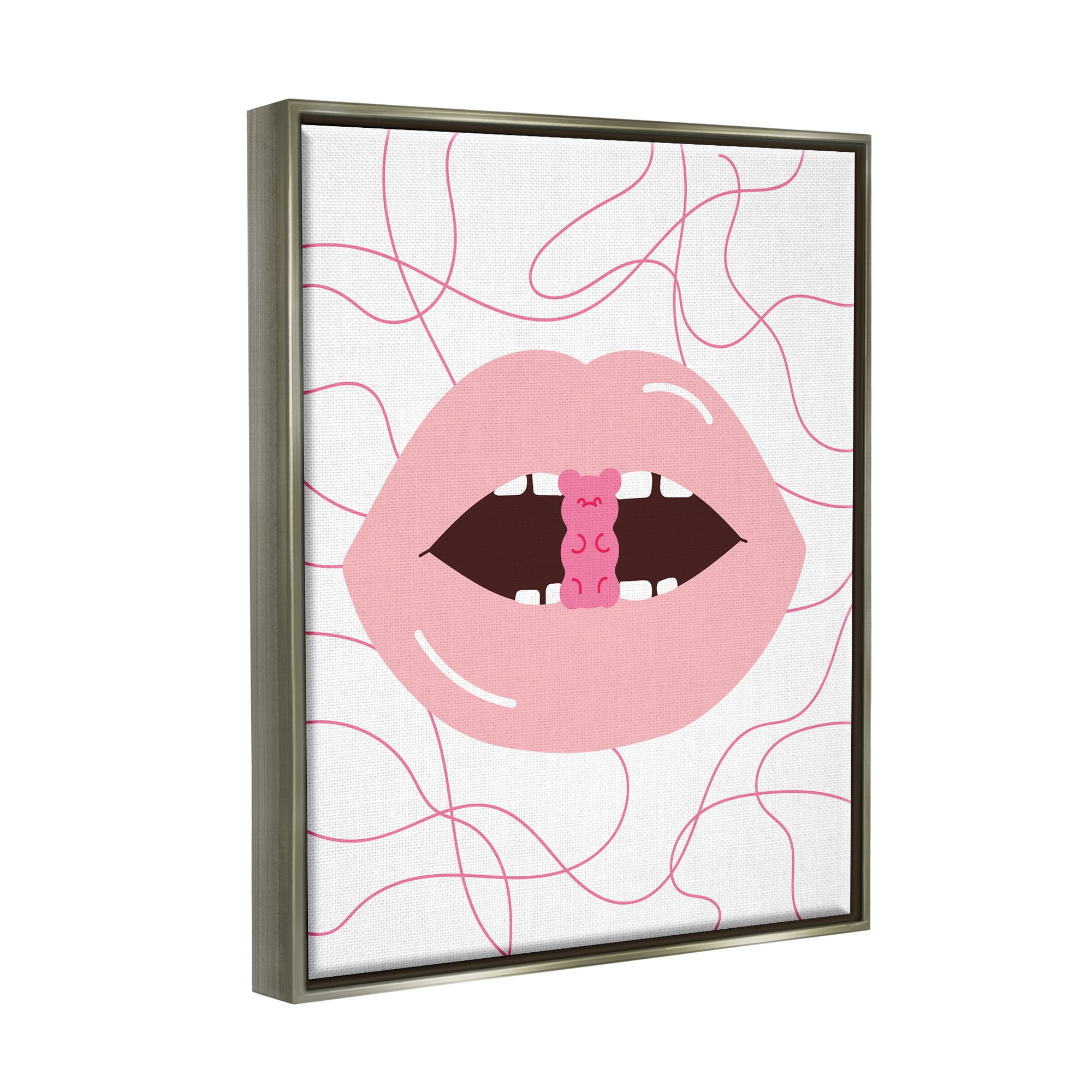 Stupell Industries Pink Lips & Gummy Candy Food & Beverage Painting Gray Floater Framed Art Print Wall Art, 17 x 21