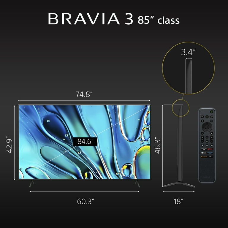 Sony 85” Class BRAVIA 3 LED 4K HDR Smart Google TV K-85S30, 2024