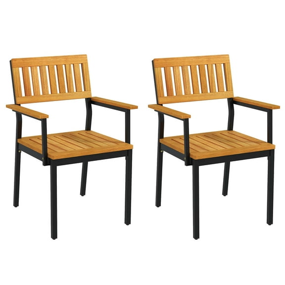 Costway Dining Chair Set of 2 with Acacia Wood Backrest Slanted Seat Comfortable Armrests