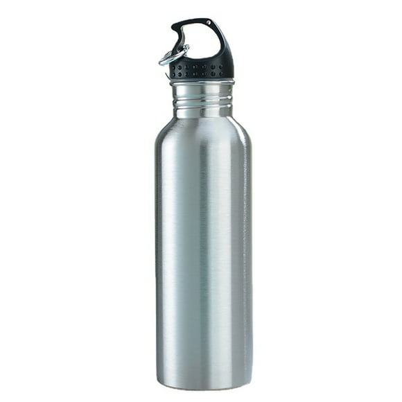 Muka Stainless Steel Water Bottle with Carabiner, Single Walled Wide Mouth Sports Bottle for Hiking Cycling, 25 oz.-Silver-25oz