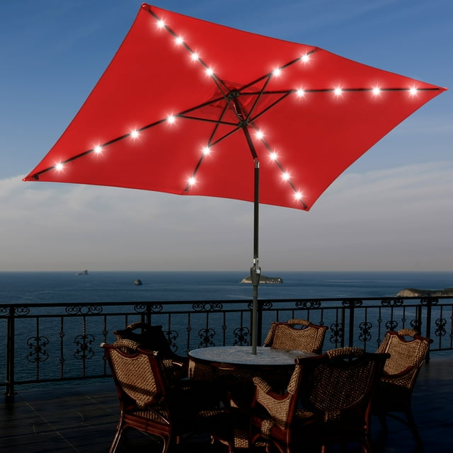 Yescom 10x6.5FT Rectangle Outdoor Solar LED Patio Umbrella with Crank Tilt for Table Market Yard Deck Pool Party Red
