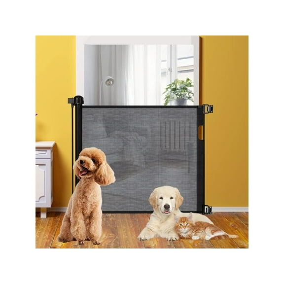 Retractable Pet Gate 33-Inches Tall, Extends up to 55 Inches Extra Wide Pet Friendly Indoor Outdoor Mesh Gates Dog