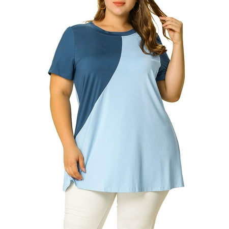 Agnes Orinda Women's Plus Size Color Block Short Sleeve Tunic Tops 4X Light Blue