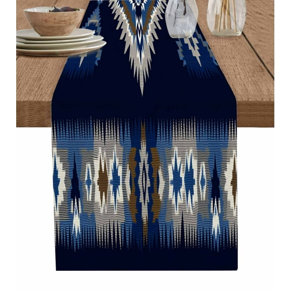 Southwest Table Runner-Cotton Linen- 120 Inch Holiday Dresser Scarves, Rustic Boho Tribal Navy Blue Distressed Printed Tablerunner for Kitchen Coffee/Dining Living Room Dinner Scarf Décor 13x120
