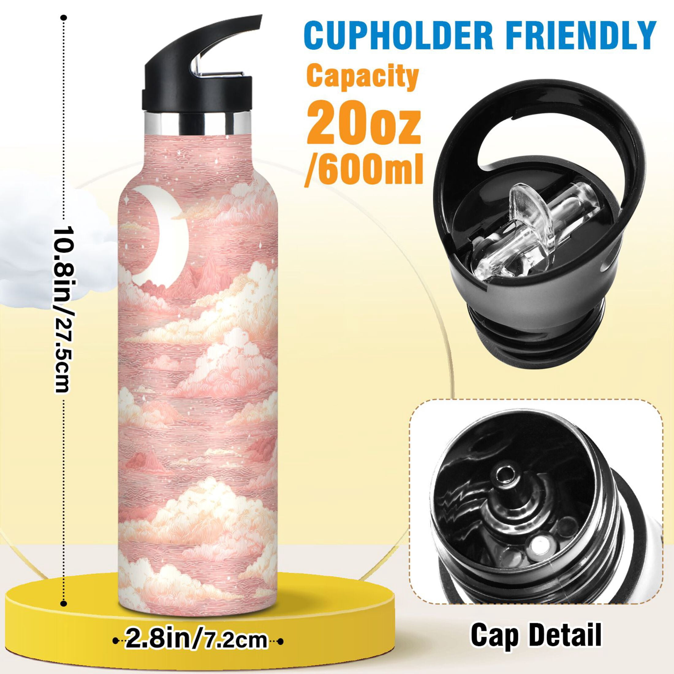 600ML Stainless Steel Insulated Cup Sports Water Bottle Portable Thermos Cup Water Glasses Insulated Tumblers Convenient and Durable Cartoon Pink Cloud