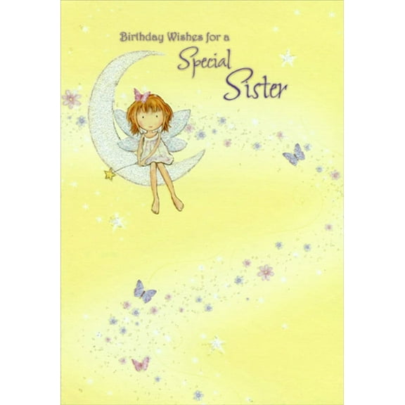 Designer Greetings Fairy Sitting on Sparkling Glitter Crescent Moon on Yellow Birthday Card for Sister