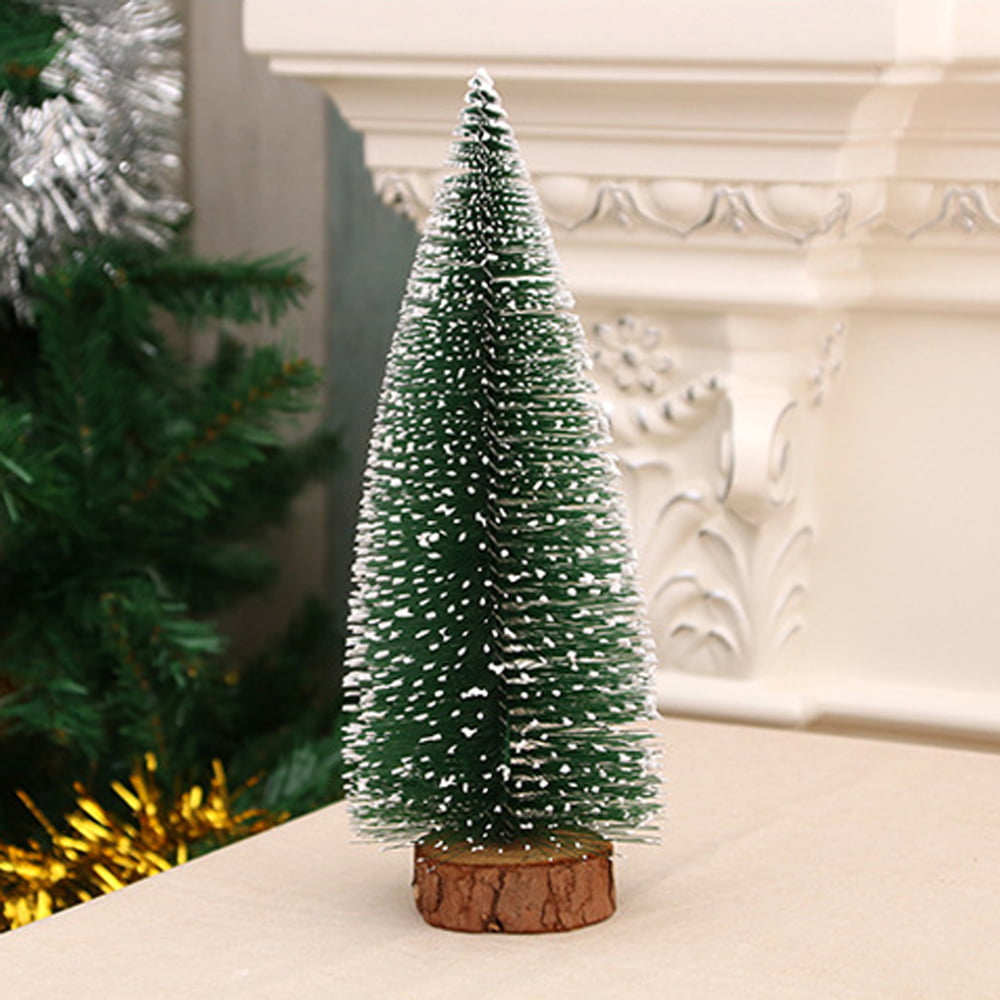 miniture snowing pin trees with Wooden Bases FOR Xmas Holiday Party Home Decor Mini Ornaments Tabletop Trees Miniature Christmas Tree 4PCS-geen