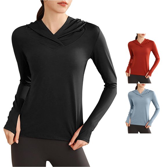 Trendfront Womens Hooded T Shirts V Neck Long Sleeve Solid Color Slim Fit Lightweight Workout Running Yoga Athletic Tee Tops