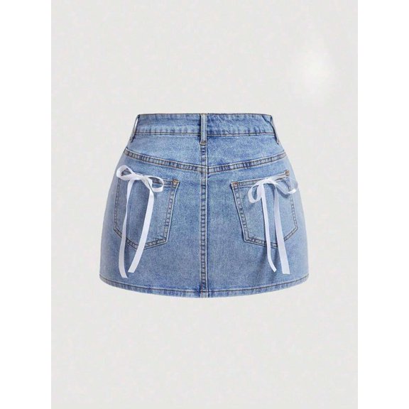 Womens Blue Denim Mini Skirt With Bow Detail Pocket Accents