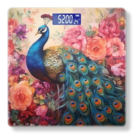 High Precision Body Weight Scale Smart Bathroom Scales with Large LCD Display(400lbs) Decorative for Bedroom-Colorful Peacock With Flowers Colorful Background
