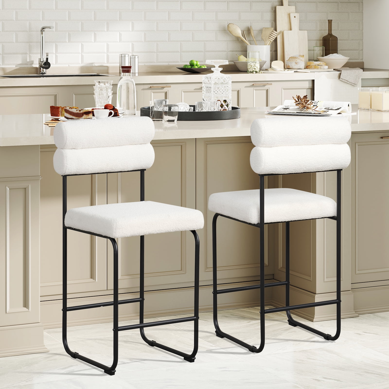 Gymax Set of 2 Counter Height Bar Stools 26'' Counter Stools w/ Metal Frame & Footrest White & Black