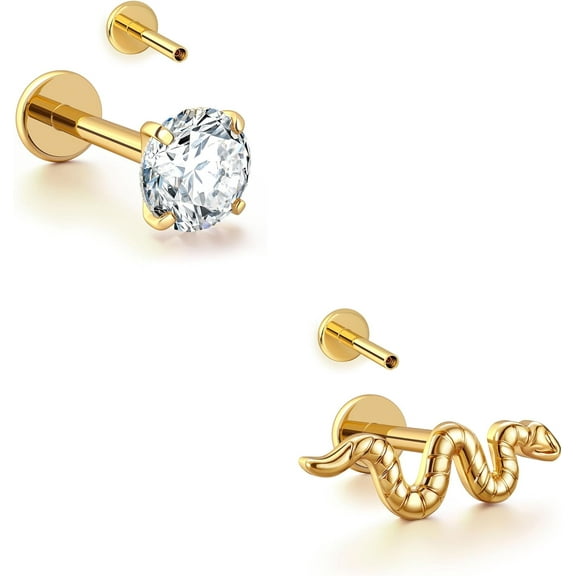 16G Gold Stud Earrings Flat Back - G23 Titanium Internal Thread Clear CZ Cartilage Earrings for Women